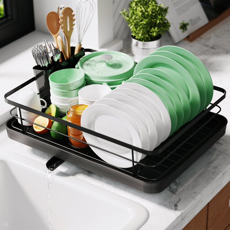 Dish Drying Rack for Kitchen Counter, Stainless Steel Sink Organization and Storage Essentials with Cutlery Holder, Home and Appartment Decor, 12.2''W x 15.7''~23''L, White