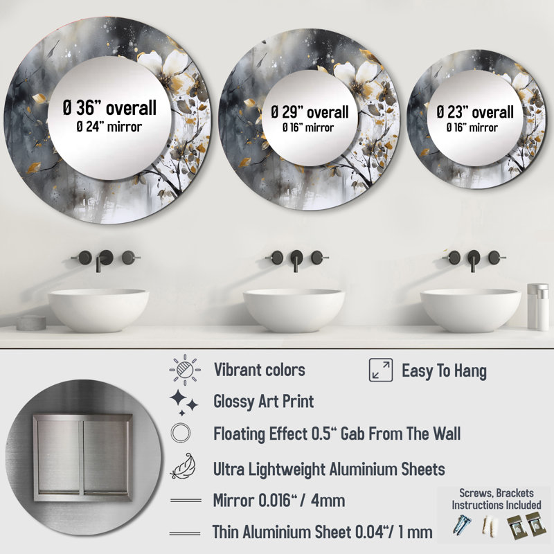 Shateya or blanc Daisy Tranquility - grand miroir mural, miroir rond traditionnel traditionnel, impression d'art en métal