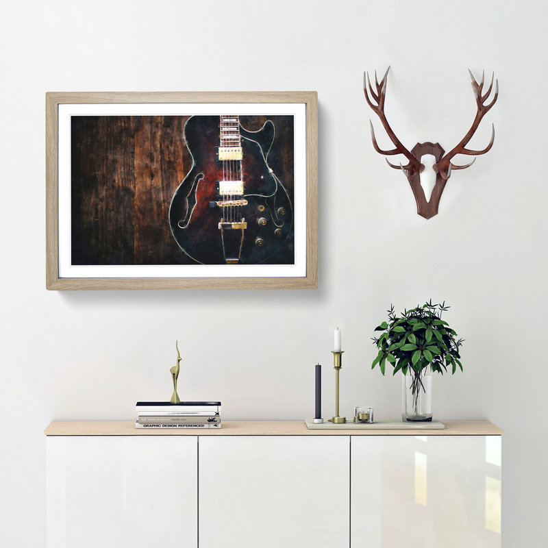 Wooden Electric Guitar - Picture Frame Painting Print, Oak Framed, 62cm H x 87cm W x 2cm D