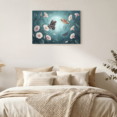 «Moths and Pink Flowers on Teal», art mural sur toile