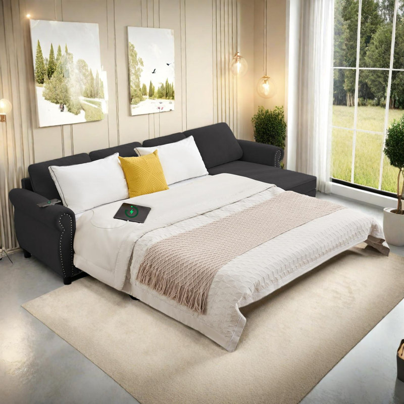 Canapé-lit modulaire coulissant 106,5 "avec ports de charge et matelas en mousse à mémoire de forme, Noir
