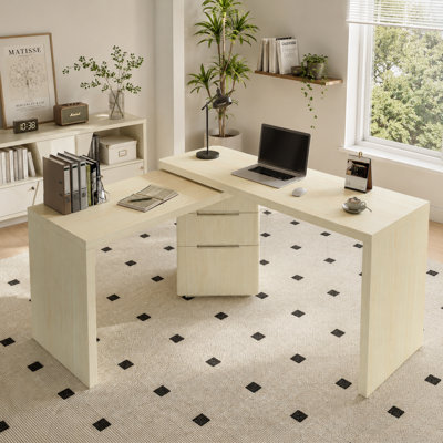 Bureau d'angle moderne en bois naturel de 90 pouces en forme de L avec 3 tiroirs et une conception rotative à 360 °, un poste de travail pratique parfait pour le bureau à domicile et le salon.