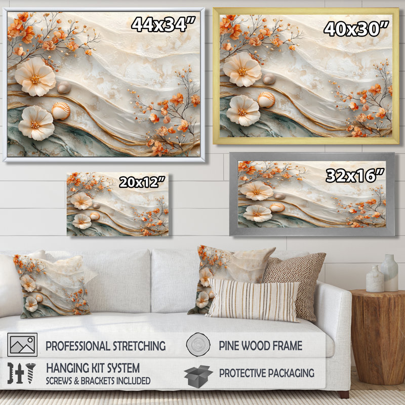 Coquillage blanc et paysage de plage marbrée I - art mural côtier pour le salon, H 16 po x l 32 po, Cadre flottant, Blanc