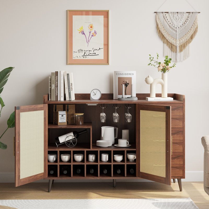 47.24" W Bar Cabinet with Woven Rattan Doors, Dark Walnut