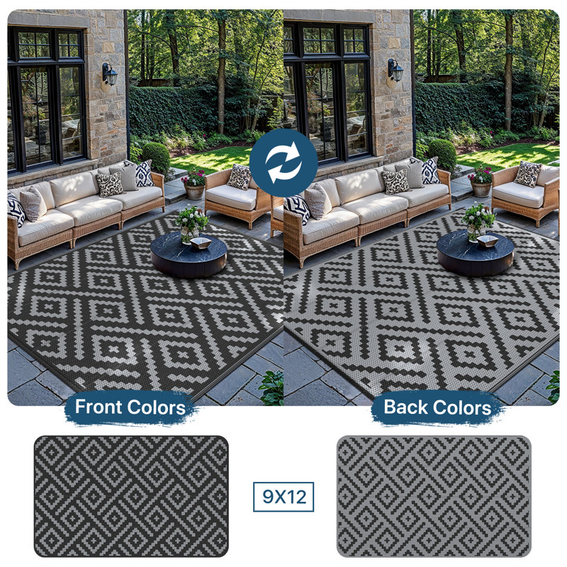 Reversible Outdoor Black / Grey Waterproof Plastic Mat, Recycled P.E.T Rug, Black/Gray, Rectangle 9' x 12'