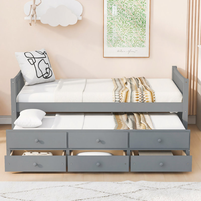 Lit de jour avec couchette et tiroirs, Gris, Lit simple