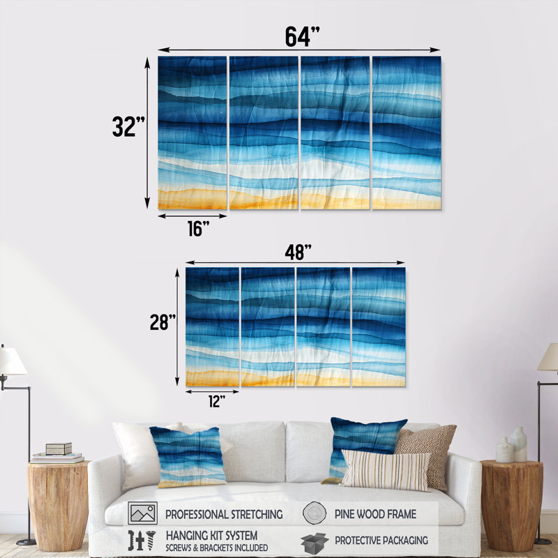 Vagues océaniques à la plage - art mural abstrait bleu 4 pièces, H 32 po x l 64 po