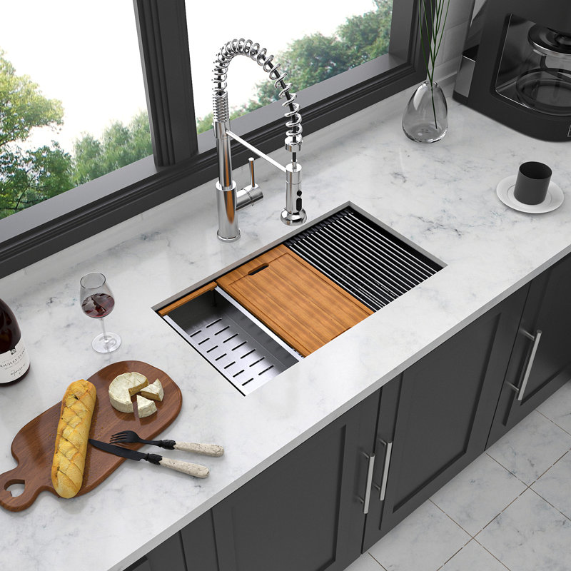 Gunmetal Black Workstation Kitchen Sink - 28"X 18"X 10" Single Bowl Workstation Undermount Kitchen Sink 16 Gauge Stainless Steel