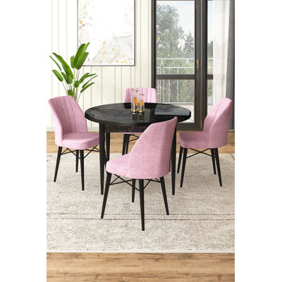 Modern 5-Piece Dining Table & Chairs Set, Black Marble & Pink | 100% Melamine Coated Chipboard, Table: 35.4 x 29.5 x 35.4 in, Chairs: 17.7 x 36.6 x 16.5 in | Wooden Legs & Metal Frame, Comfort Foam Seats, Stylish Home Dining