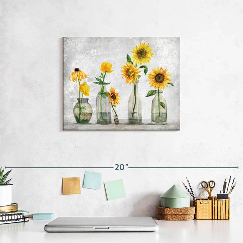 Tournesols dans un vase sur toile, H 10 po x l 8 po x P 1 po