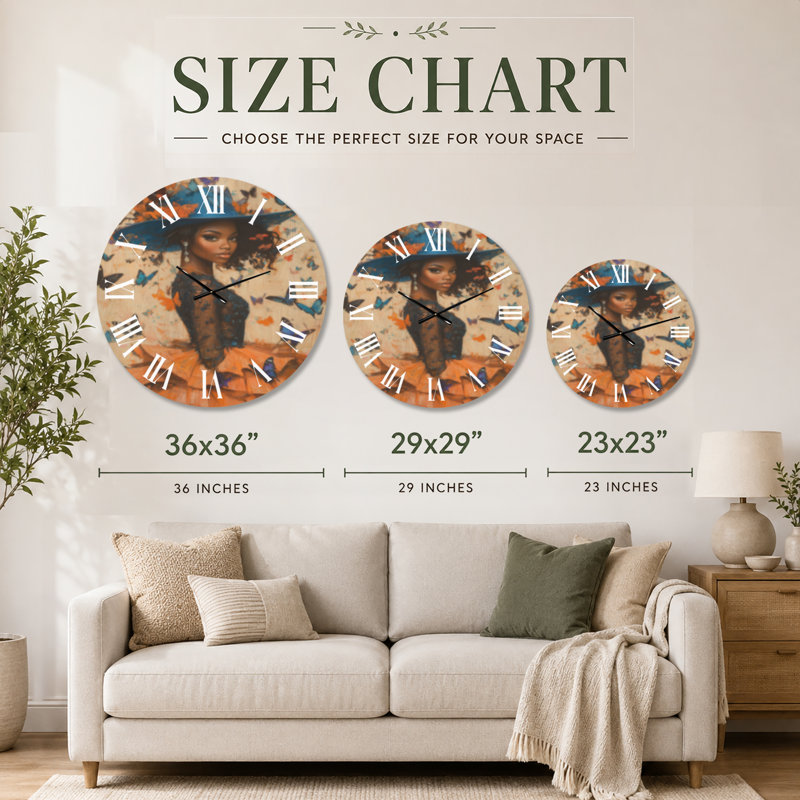 Horloge murale ronde glamour Butterfly Garden Belle, imprimée sur bois, Extra Large