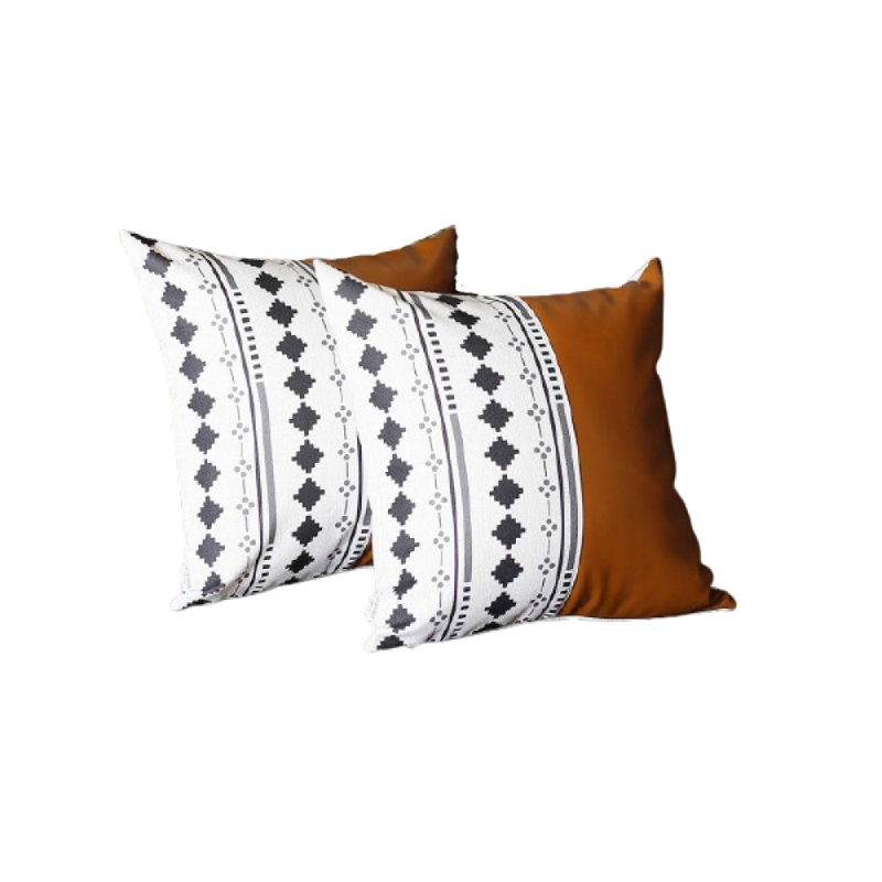 Boho Brown and Ivory Geometric Faux Leather Pillow Covers, 20" x 20"