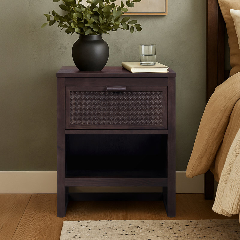 Ameer Nightstand with 1 Deep Drawer and Open Shelf Storage, Espresso