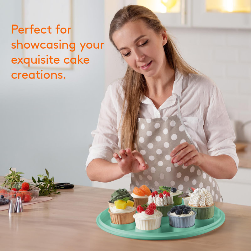 Cake Carrier With Lid And Handle, Two Sided Cupcake Carrier Holder For 10” Cake Or 9 Standard-Sized Cupcakes, Plastic Round Cake Transport Storage Container Stand For Pies And Cookies, Green