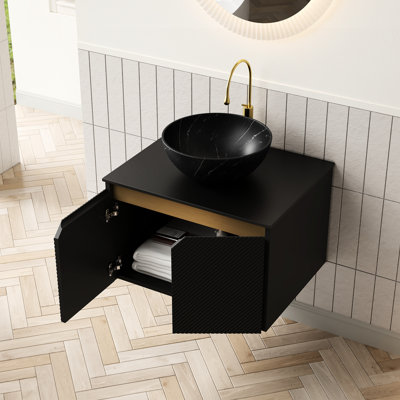 Meuble-lavabo de 24 po avec lavabo, lavabo bol en céramique noir avec motif en pierre, plateau fritté, armoire de rangement flottante, portes doubles en sergé, mécanisme de fermeture en douceur, céramique dureté, excellente eau et teinture