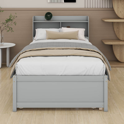 Twin Size Bed With Trundle,Twin Bed Frame With Storage Headboard, Twin Size Trundle Bed With Bookcase For Kids
