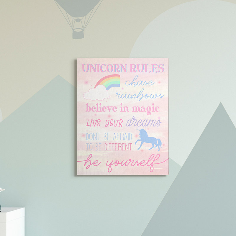 Licorne régissant le bonheur arc-en-ciel rose, H 40 po x l 30 po x 1,5 po, Toile tendue