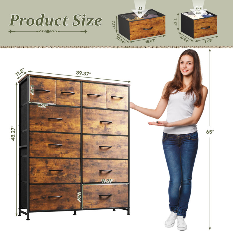 39.37" W 12-Drawer Fabric Dresser with Wood Top, Storage Chest, Rust