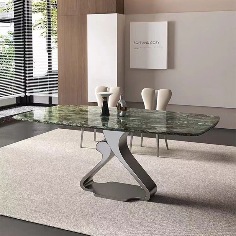 Faux Marble Top Metal Base Dining Table, 35.43" W x 63" L