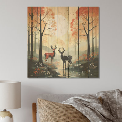 «Orange and Green Deer Family Serenity III», animal cerf sur bois