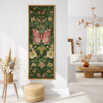Victorian Botanical Butterfly Vintage Green Floral Illustration Modern Artwork - Extra Large Framed Wall Art Canvas Print