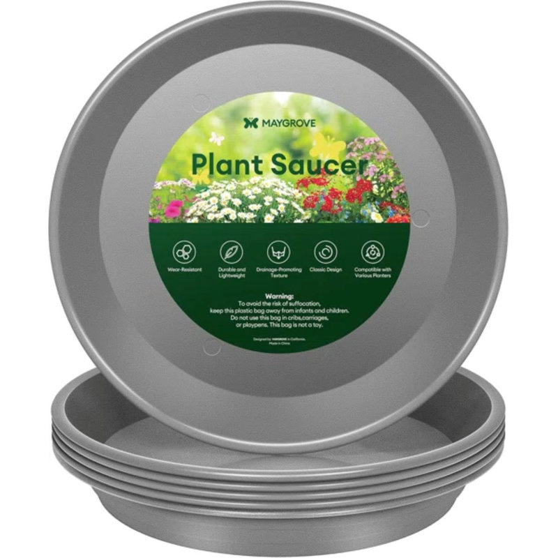 10 po Soucoupes pour plantes robustes en plastique (paquet de 6), Gris, 1.2" H x 9.8" W x 9.8" D