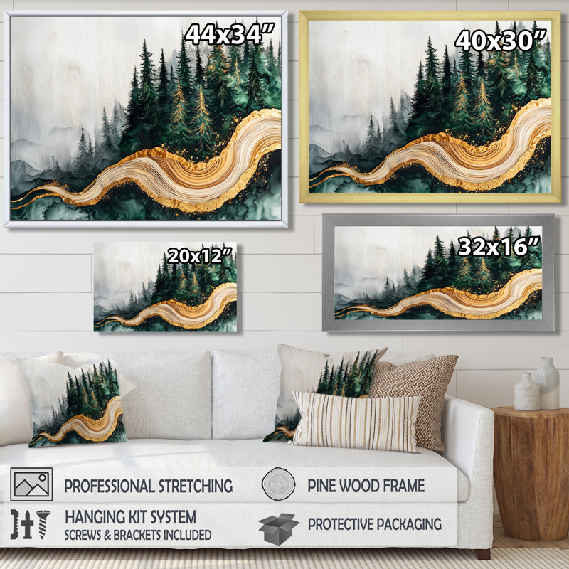 Forêt forêt de cristal émeraude I - forêt, art mural, H 30 po x l 40 po, Cadre flottant, Doré