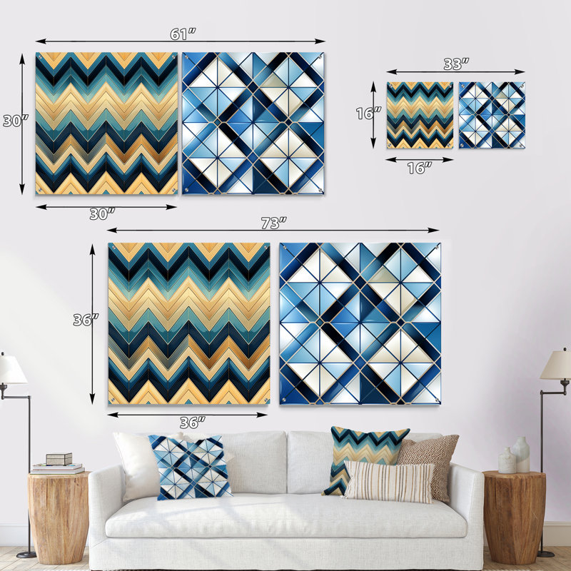 Bord de mer bleu et beige à motif géométrique abstrait géométrique acrylique, H 16 po x l 33 po