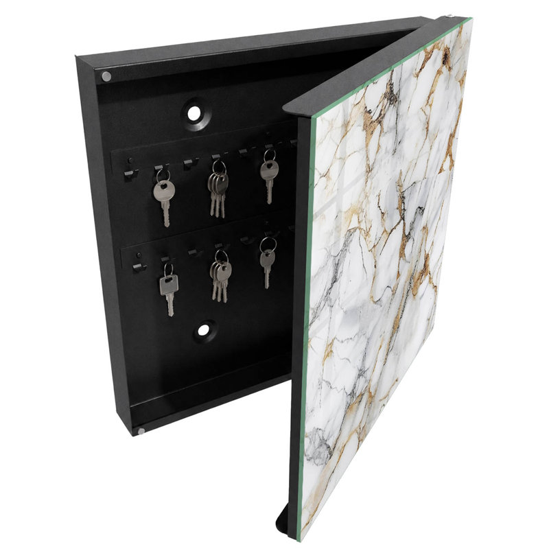 Wall mounted key box, Opens to the left, 30x30x5, White, Marble texture with elegant veins, 
