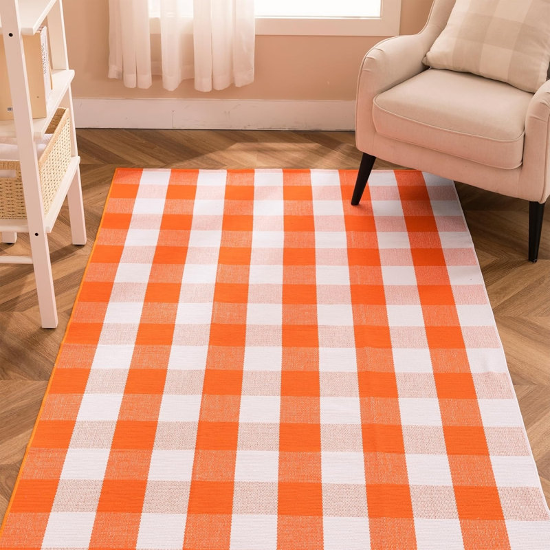 Fall Cotton Orange White Plaid Rug – 27.5×43 Hand Woven, Washable, Indoor Outdoor