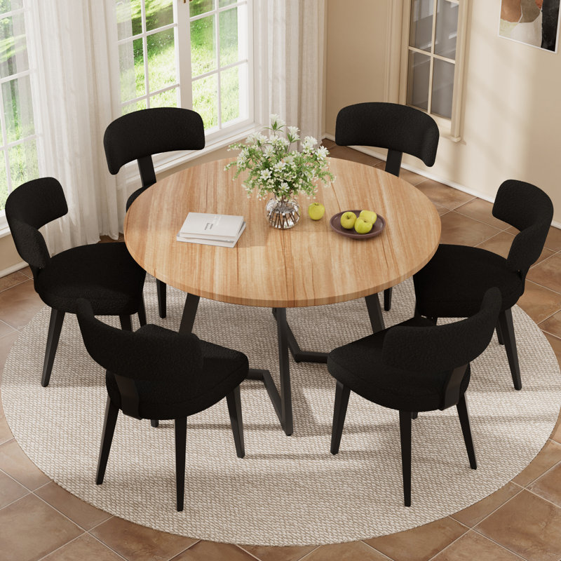 Ensemble de salle à manger rond en bois pour 4-6, Bois naturel, Retour, 7