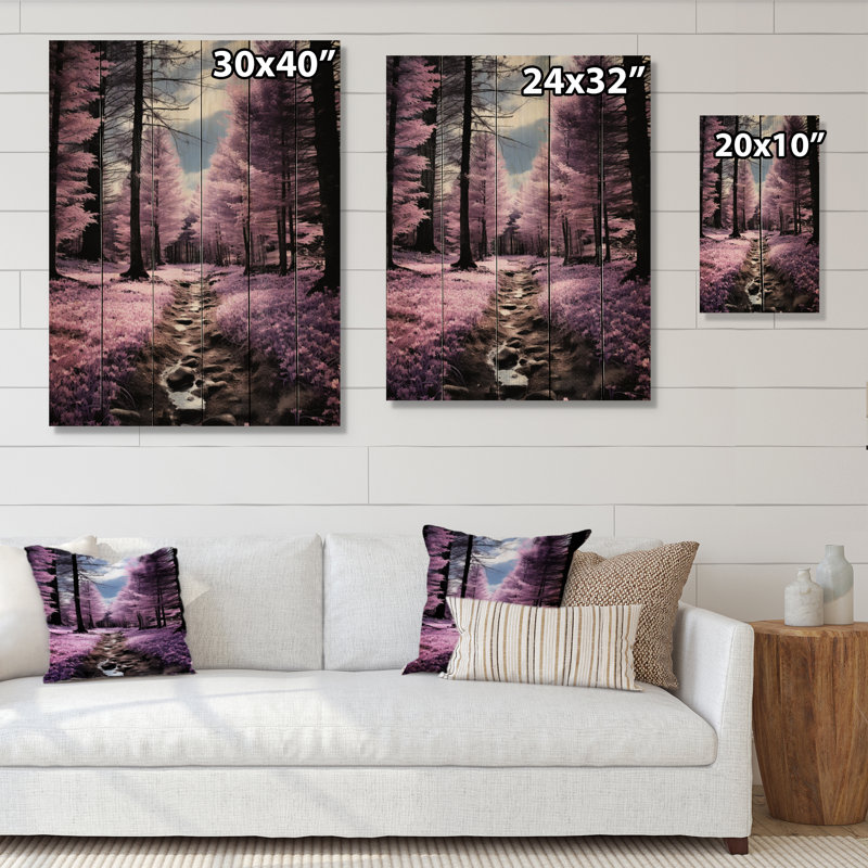 Sentier de forêt mauve sur bois, H 40 po x l 30 po x P 0,78 po