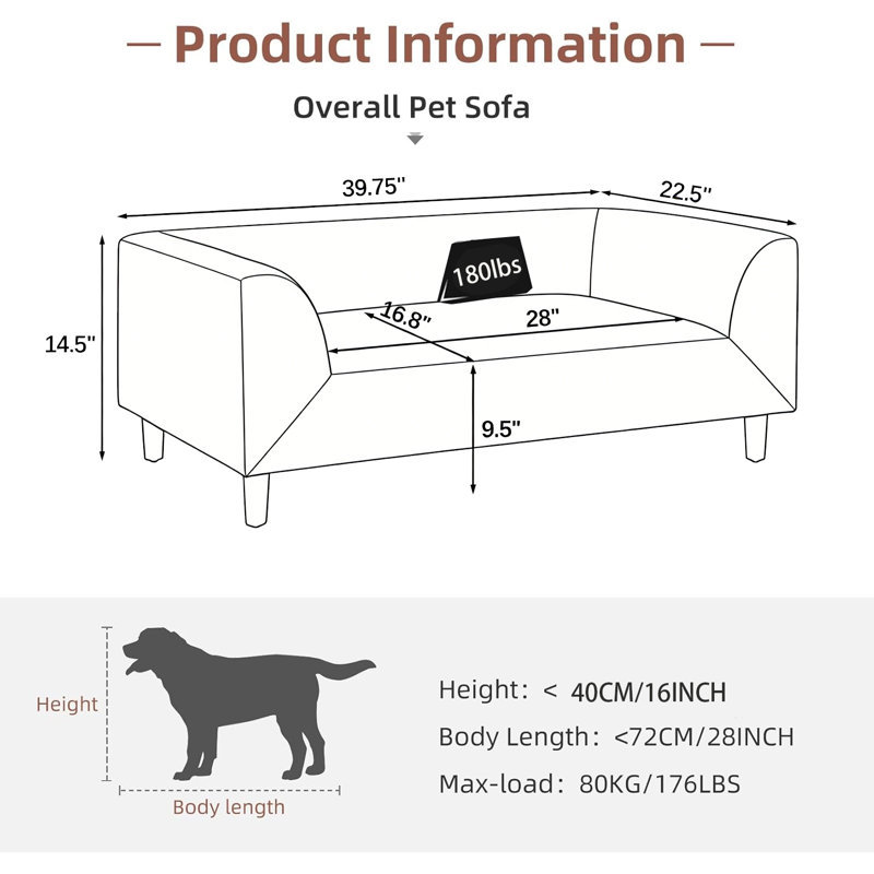 Canapé surélevé pour chien avec dossier et accoudoirs - Lit moderne pour animaux de compagnie pour chiens de taille moyenne, coussin moelleux, pieds robustes en bois massif, capacité de poids de 60 lb, fabrication en tissu de première qualité et mousse