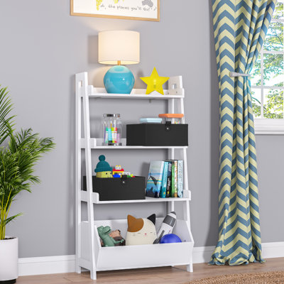 RiverRidge Kids 4-Tier 24in Ladder Shelf Toy Organizer and Book Storage with 3 Open Display Shelves- White with Two 5" Fabric Bins