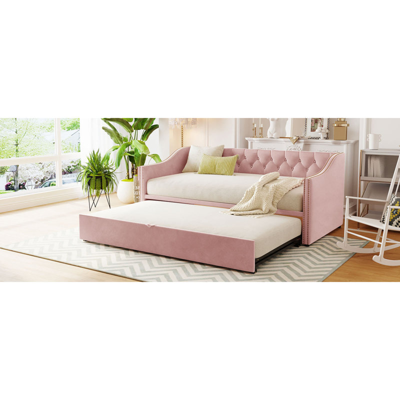 Lit de jour simple tapissier avec couchette escamotable, rose, Rose
