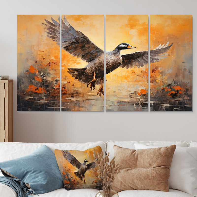 «Vintage Duck Flight At The Pond III - Duck», art mural 4 pièces, H 28 po x l 48 po
