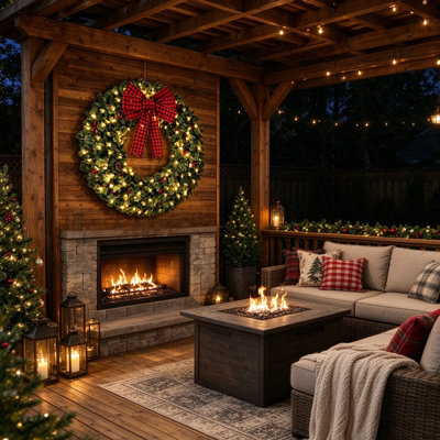 Couronne de Noël pré-éclairée de 48 po avec arc à carreaux Buffalo, 150 lumières DEL blanc chaud et 8 modes d'éclairage, 500 pointes en PVC avec baies rouges et pommes de pin, adaptateur homologué UL pour porte d'entrée et porche couvert