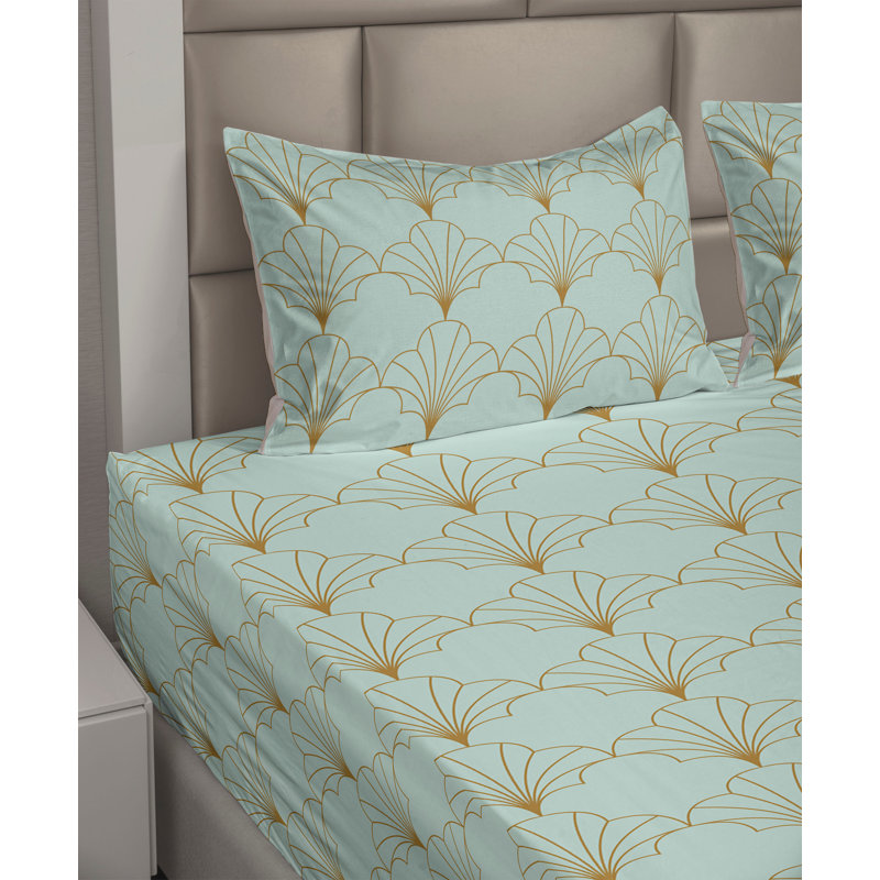 Microfiber Sheet Set, King Sheet Set with 2 Pillowcases, Sand Brown/Mint Green Geometric