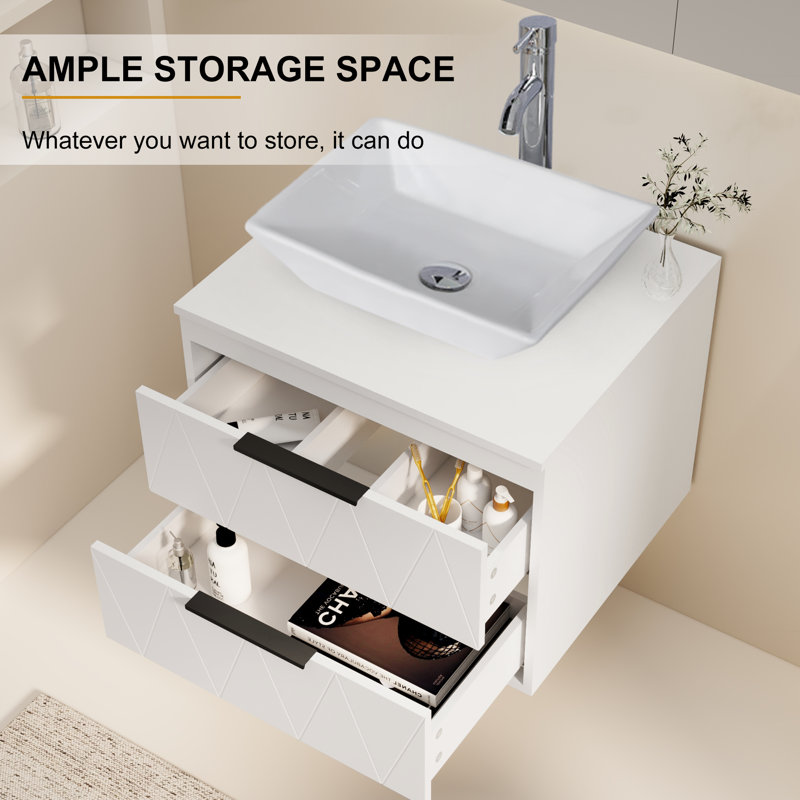Meuble-lavabo mural 24 po avec lavabo vasque Sharee, Blanc, Carrée