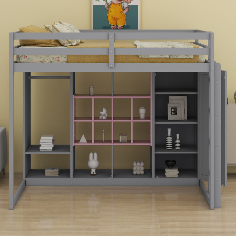 Lit mezzanine en bois avec garde-robe, tablettes et armoire, Double, Gris / Rose