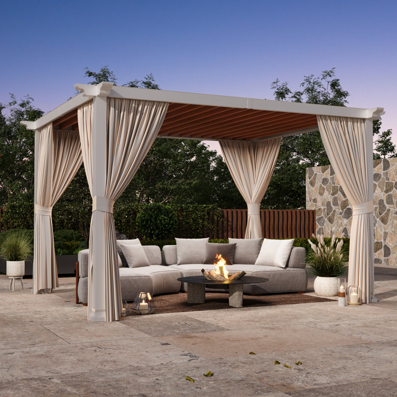 Palisade 10‘ X 12' Steel Frame Outdoor Patio Pegola With Slats Roof And Privacy Curtains For Backyard Garden And Deck Party