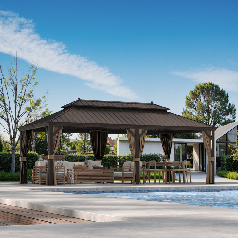 12x22ft.Outdoor Hardtop Gazebo with Double Galvanized Steel Roof, Built-In Hooks & Anchored Base for Garden, Patio & Backyard