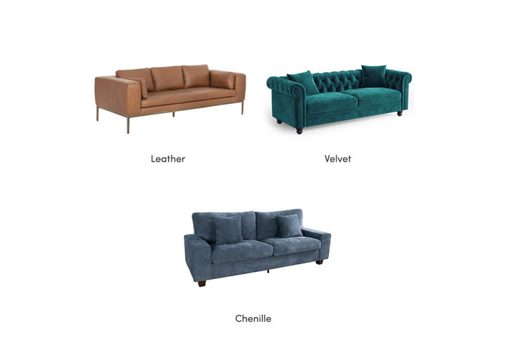 collage of common sofa materials: leather, velvet, and chenille
