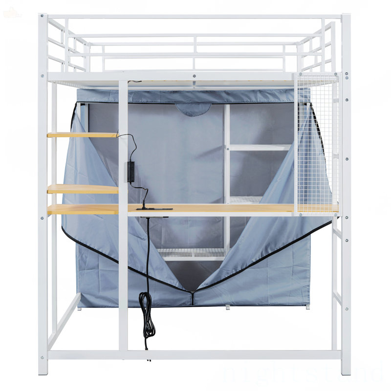 Lit mezzanine double en métal avec bureau, Blanc, Double