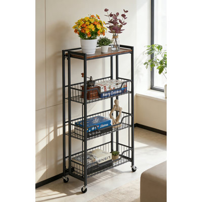 Chariot de rangement à roulettes pliable robuste à 4 niveaux avec roues verrouillables et tablettes amovibles, organisateur mobile pré-assemblé pouvant supporter 100 lb, panneau brun à cadre noir pour la cuisine, le bureau et le garage