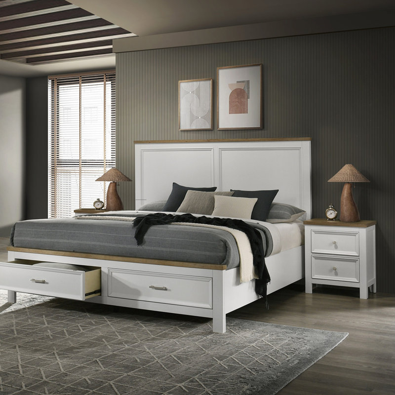 Ensemble de lit plateforme avec 3 tiroirs de rangement blancs et 2 tiroirs et 2 tiroirs, King