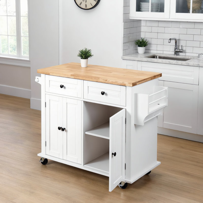 Table de préparation blanche en bois massif avec porte-épices et tiroirs