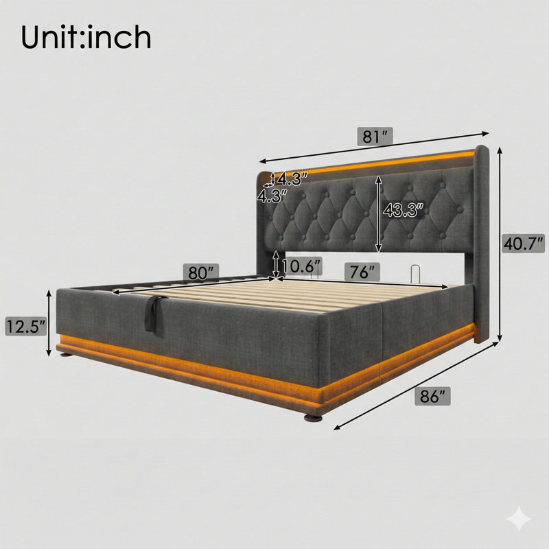 Très grand lit tapissier avec éclairage à DEL de périmètre à 360 degrés, boutons contrôlables, applications ou télécommande. Ce lit de rangement hydraulique comprend une charge USB de type C et est livré dans un tissu en lin gris. (Matelas non inclus)