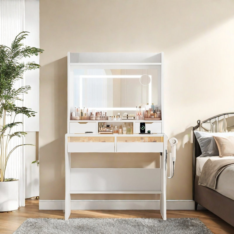 Bureau de maquillage pour coiffeuse avec miroir d'éclairage et prise de courant, Blanc