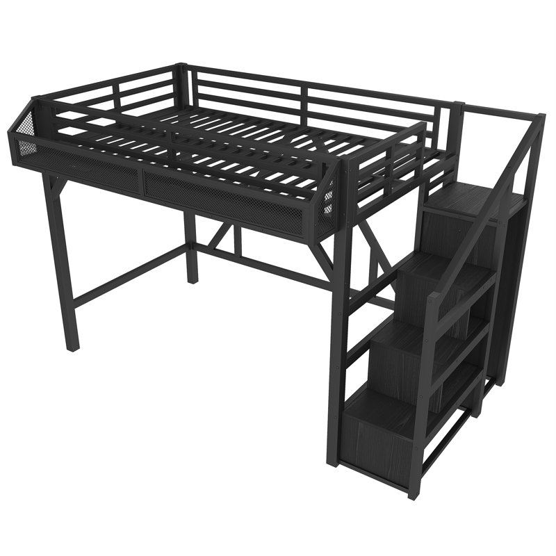 Lit mezzanine simple noir en MDF et métal noir avec escalier de rangement et port USB, Noir, Très grand simple